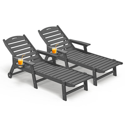 2-Pack Oversized HDPE Chaise Lounges – Adjustable 5-Position Outdoor Recliners with Wheels & Cup Holders, Weather-Resistant for Patio, Pool, Garden