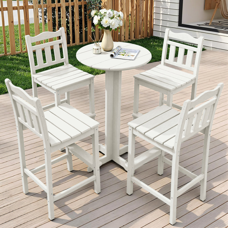 5-Piece All-Weather Poly Lumber Patio Bar Set - Heavy Duty Hdpe High Top Bistro Table & 2 Stools With Ergonomic Curved Saddle Seats - Outdoor Bar Stools Set For Poolside, Balcony & Deck