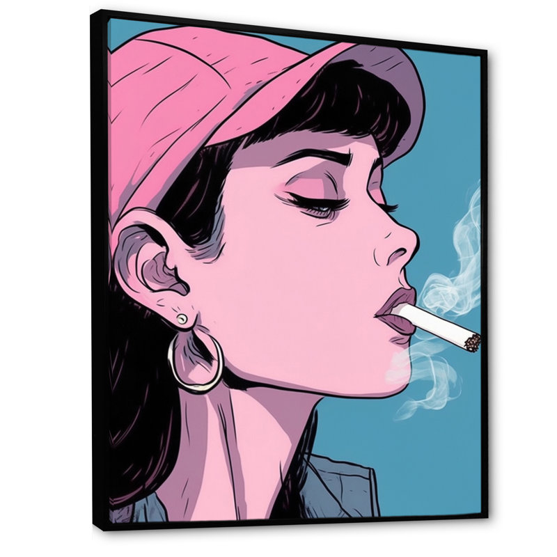 «Pink Popart Woman fumant sur toile», Cadre flottant noir, H 32 po x l 24 po x P 1 po