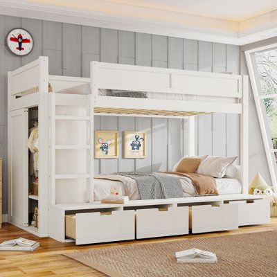 Twin/Twin XL Over Twin/Full Solid Wood Bunk Bed With Built-In Wardrobe And 4 Drawers
