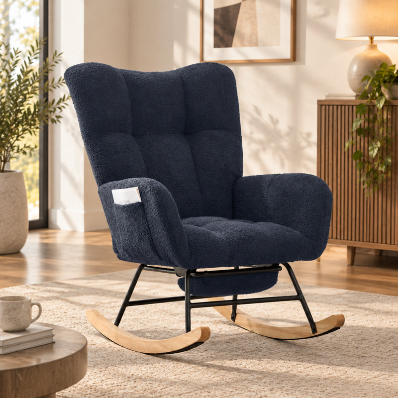 Ensemble chaise berçante et repose-pieds en tissu Teddy bleu foncé, fauteuil d'allaitement à oreilles avec poche de rangement