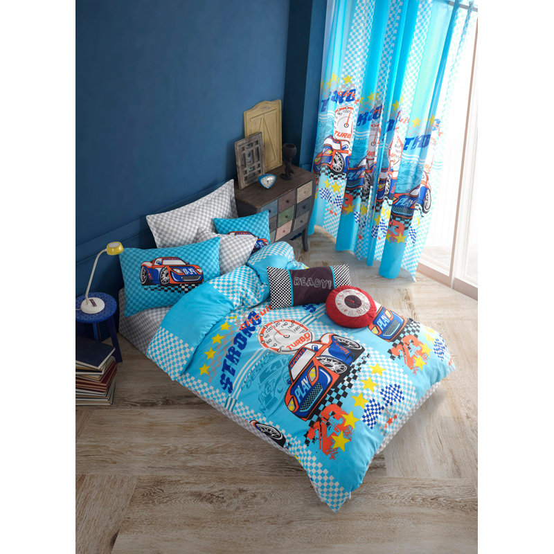 Ensemble de housse de couette simple TG, bleu / rouge / blanc / jaune / noir, 60 x 79 | 65% coton / 35% polyester, 120 fils | Lavable à la machine, fermeture à boutons pour housse de couette et taie d'oreiller | Couleurs vibrantes pour toute chambre à coucher