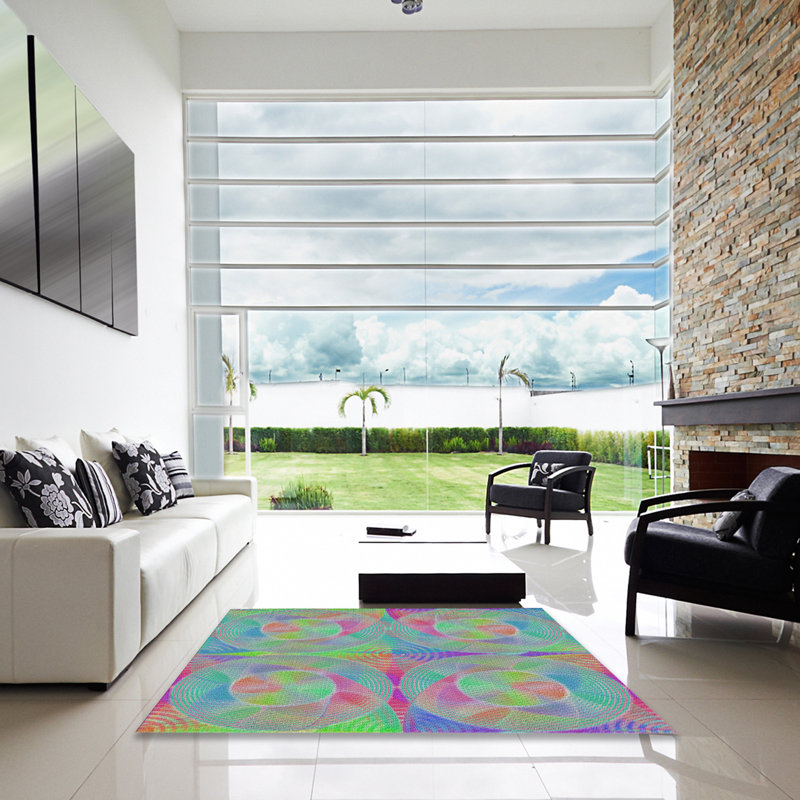 Tapis vert/mauve/bleu à tissage électrique, Carré 4 pi