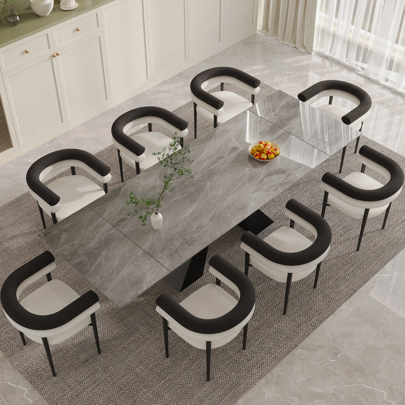 Modern Extendable Sintered Stone Dining Table With 8 Boucle Upholstered Chairs Set, Gray
