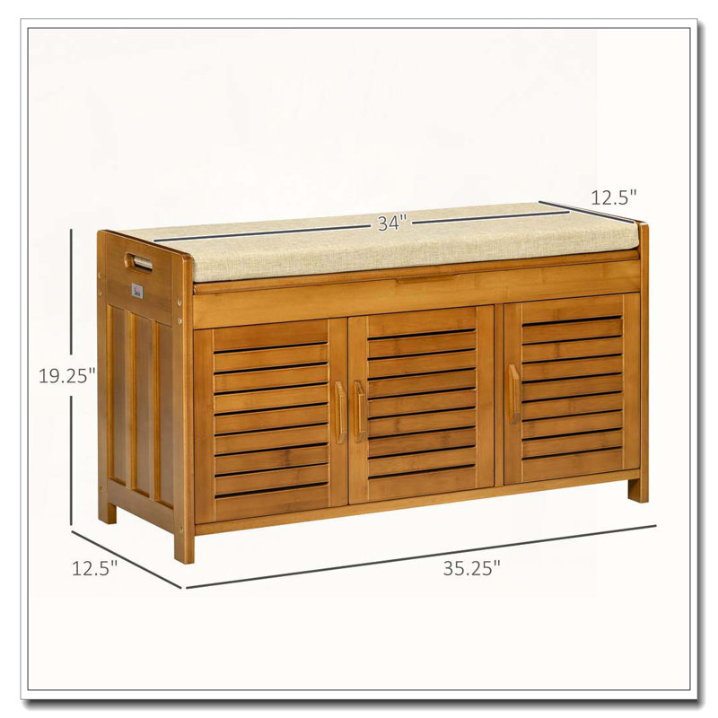 Banc à chaussures en bambou avec armoires de rangement et coussin de siège
