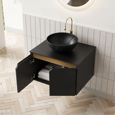 Meuble-lavabo 24 po, meuble de rangement mural en contreplaqué flottant, portes doubles en sergé avec garniture en métal, cuve en céramique noire avec motif en pierre et plateau en pierre frittée noire, noir