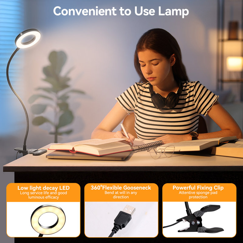 LED Desk Lamp Clip On Light Ring/Clamp Light 360° Flexible Gooseneck Dimmable Eye Protection Desk Light, Black