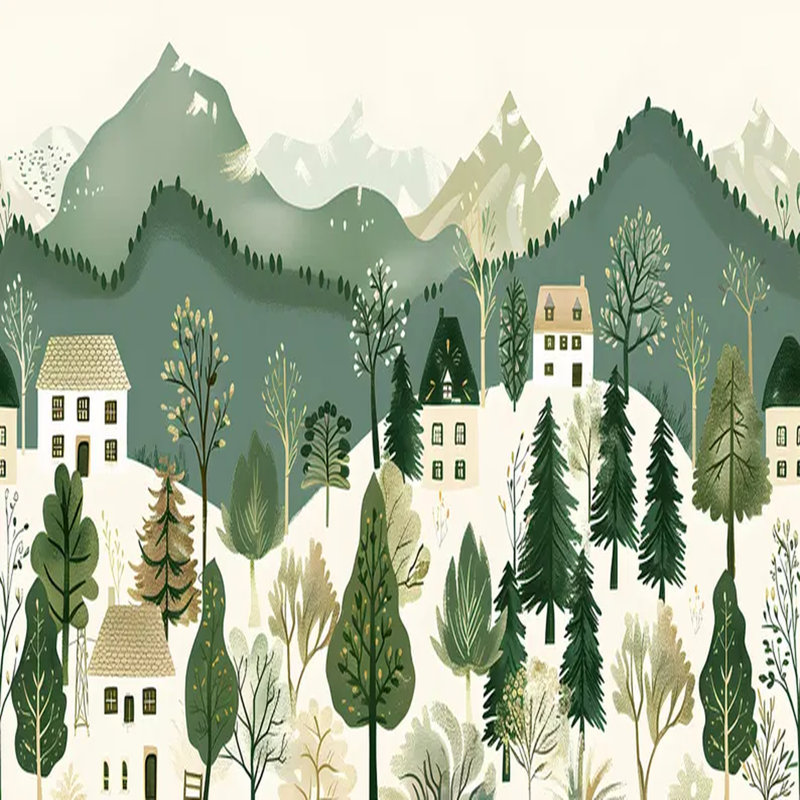 Murale fantaisiste forêt alpine village, L 108 po x l 96 po