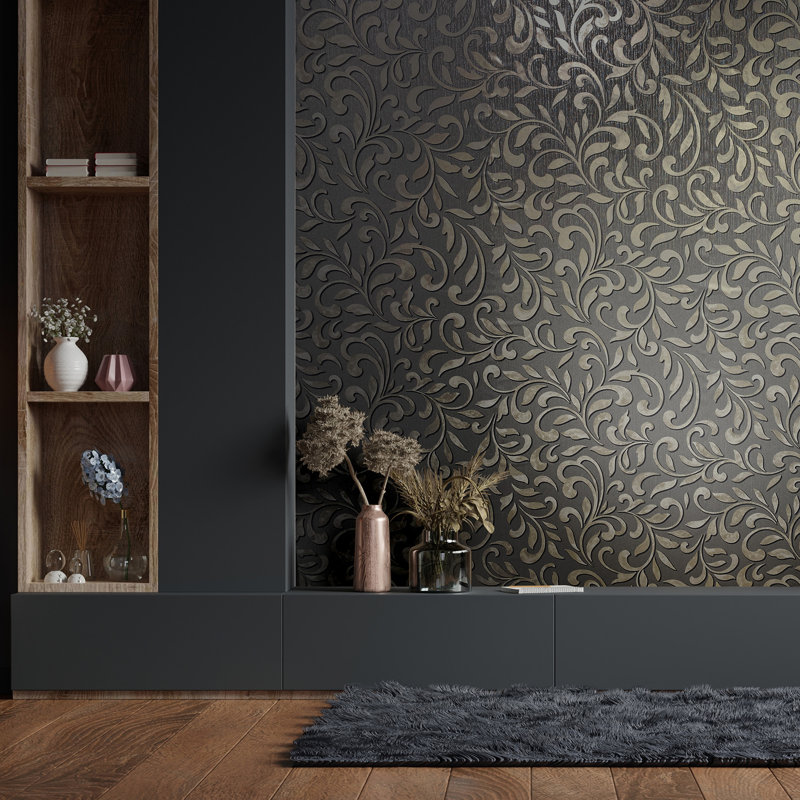 Leafy Scroll Damask Wallpaper Roll, Dark Grey