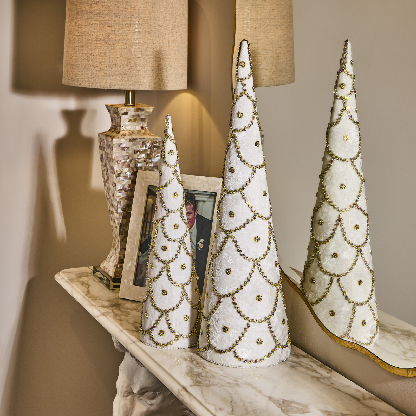 Crimson Christmas Jeweled Velvet Cone Tree, Ivory