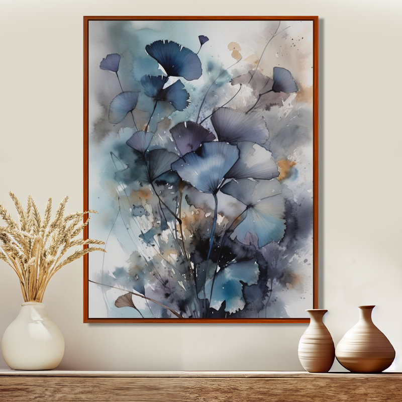 «Blue and Flowers Bouquet interprétation», impressions sur toile, H 32 po x l 16 po, Cadre flottant brun