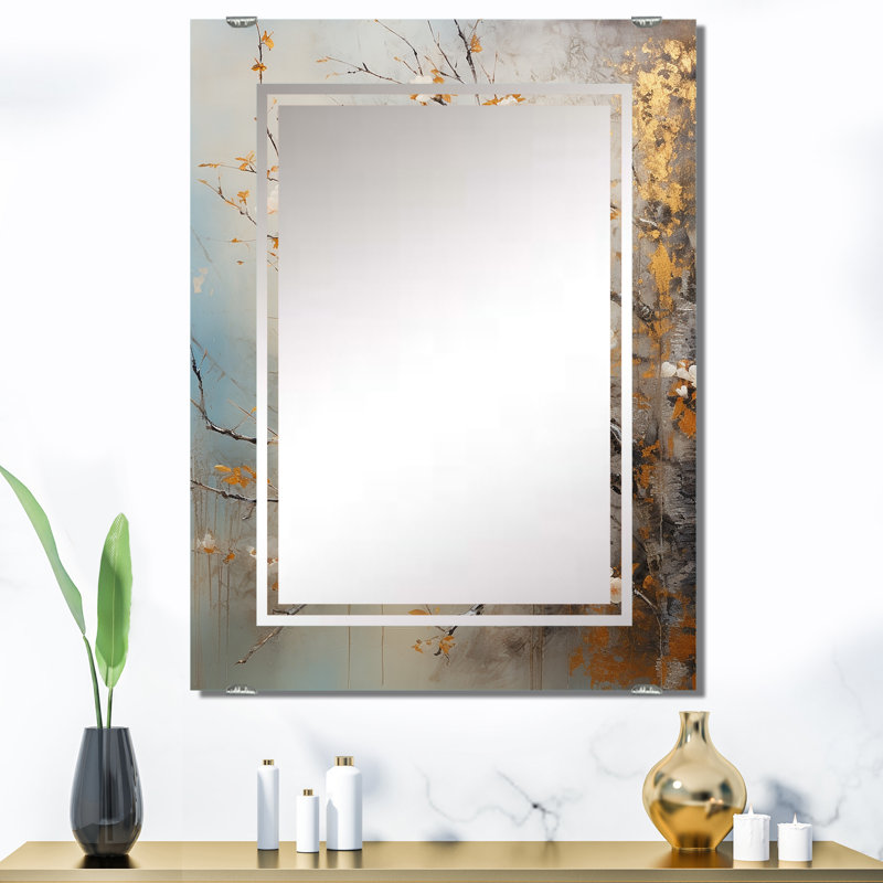 Miroir mural gris et blanc oiseaux sur arbre floral, oiseau doré moderne - oiseaux gris et blanc sur arbre floral I