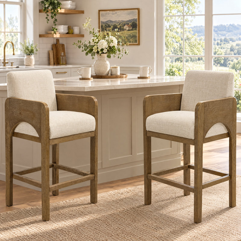 Upholstered Seat Counter Stool With Solid Wood Frame, Arch-Shaped Arm Bar Height Counter Stool For Kitchen/Dining Room/Restaurant