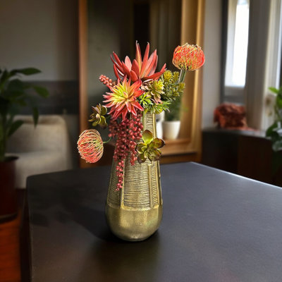 Succulent Design on Gold Tall Metal Vase | Rare and Artificial Succulent Vase