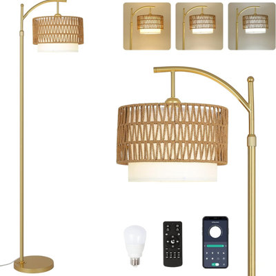 Lampes sur pied dorées pour le salon avec télécommande et DEL à intensité variable, lampe à arc moderne avec 3 températures de couleur, lampe sur pied Boho avec abat-jour en rotin et en tissu, lampe haute réglable