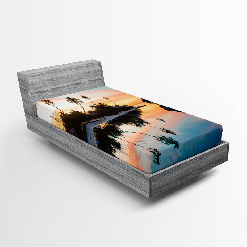Ensemble de 2 draps-housse Ambesonne Landscape Sunset Moorea Island - jaune corail, Twin Fitted Sheet