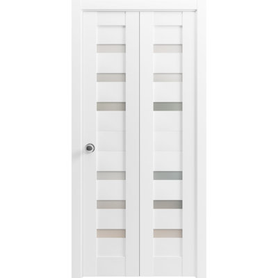 Sliding Closet Bi-fold Doors 28 x 80 Quadro 4266 White Silk with Frosted Glass Sturdy Tracks Moldings Trims Hardware Set Wood Solid Bedroom Wardrobe Doors
