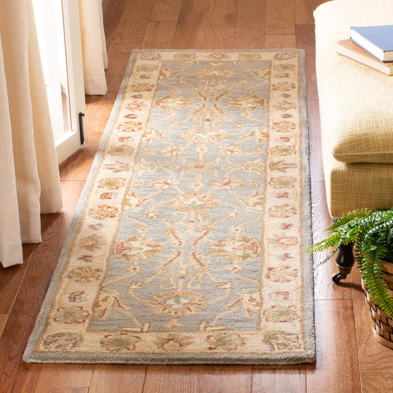 Tapis bleu / beige en laine touffeté à la main Cranmore, Tapis de couloir 2 pi 3 po x 12 pi