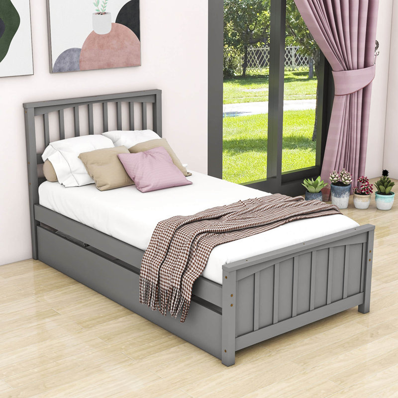 Twin Solid Wood Platform Bed with Trundle, Gray
