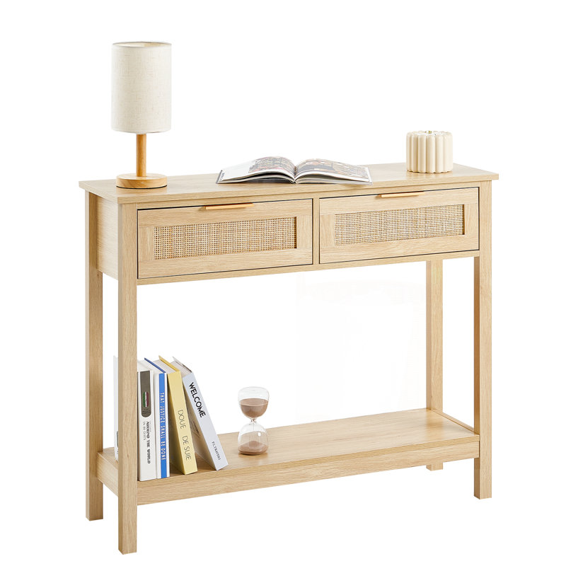 Rattan Console Table with 2 Storage Drawers Rattan Sliding Door Natural