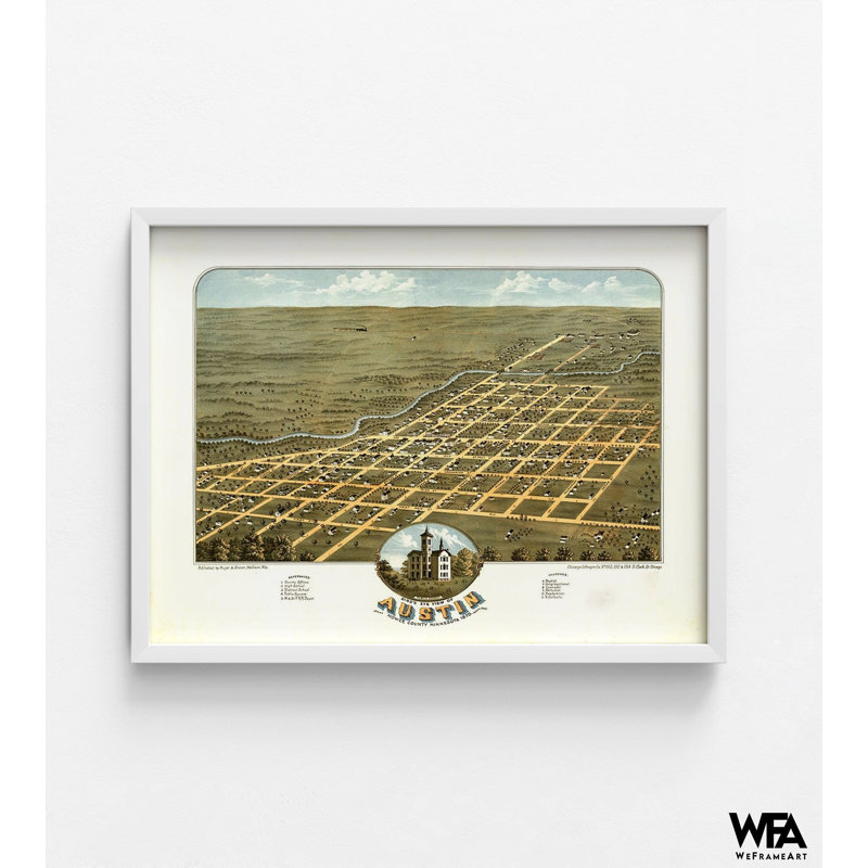 Vue d'oiseaux du comté d'Austin-Mower, Minnesota, 1870, H 12 po x l 16 po, Reproduction encadrée blanche sans passe-partout