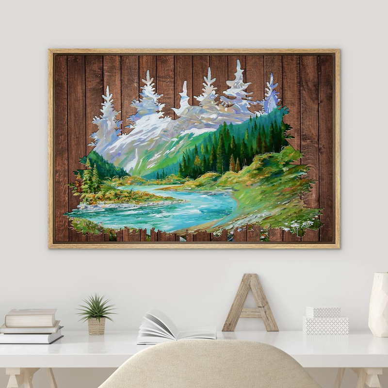 Western Wood Effect Landscape " Western Decor Wood Effect Panel Mountain Tree Forest Landscape Nature Artwork Digital Art Decor "