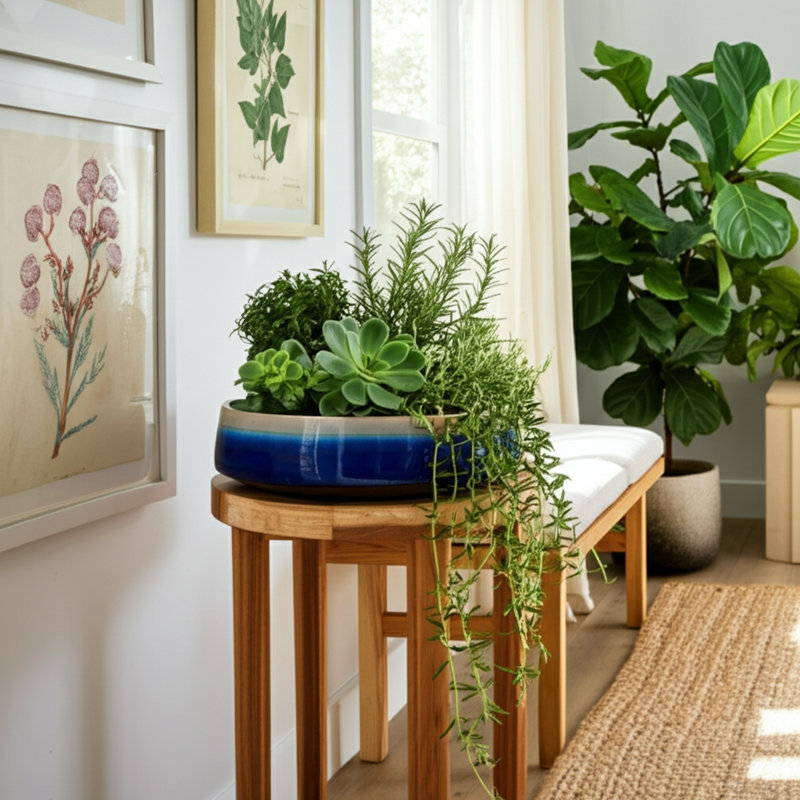 Round Stoneware Ceramic Planter With Low-Profile Wide Shape And Drainage Hole For Improved Airflow, Handcrafted Construction With Fired Clay Blend For Enhanced Durability And Textured Surface Detailing