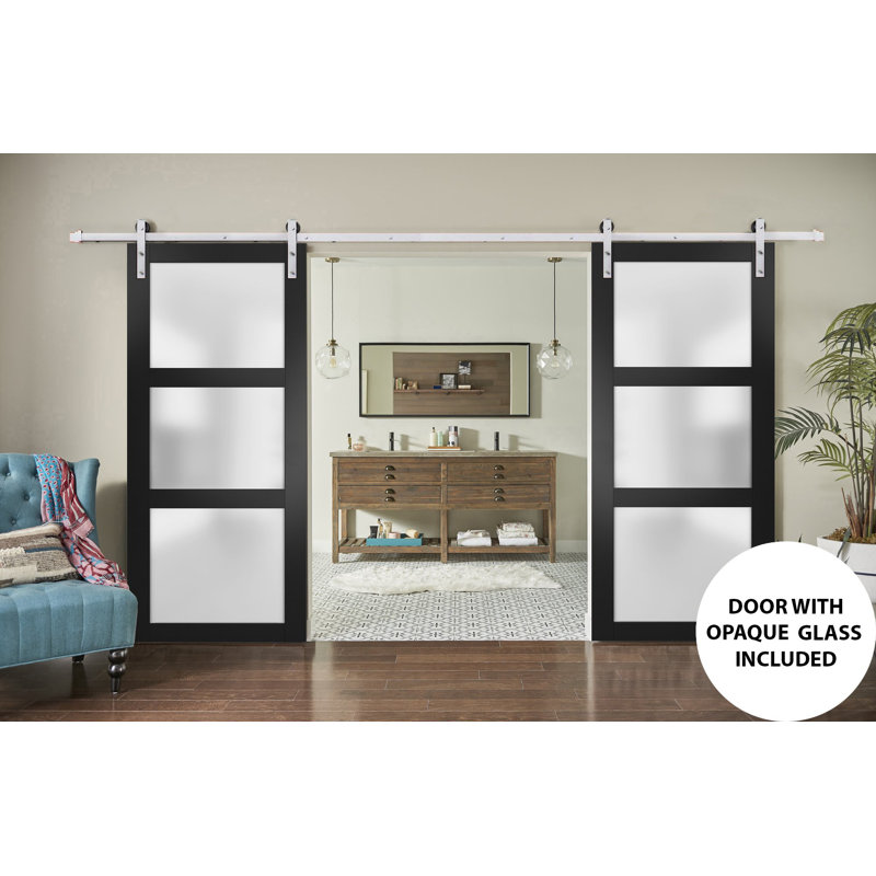 Portes de grange en verre givré Lucia avec quincaillerie d'installation, 60 po x 80 po, Noir, Acier inoxydable