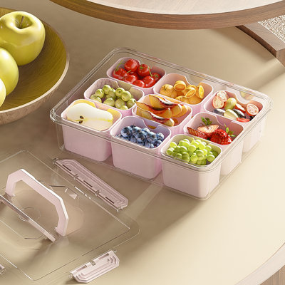 LLMRR 9 Compartments Snackle Box Container, Divided Serving Tray with Lid and Handle, Portable Clear Snackle Box, Snack Box & Fruit Tray for Road Travel, Party, Veggie, Fruit, Candy, 3 Pack, Pink