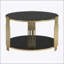 Table basse noire à miroir avec base asymétrique en métal, finition dorée et tablette inférieure pour des espaces de vie élégants
