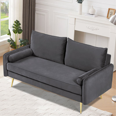 Mid-Century Velvet Sofa,Nailhead Upholstered Couch with Golden Metal Legs,Modern Large Sofa for Living Room