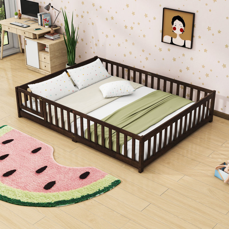 Queen Wooden Floor Bed With Guardrails