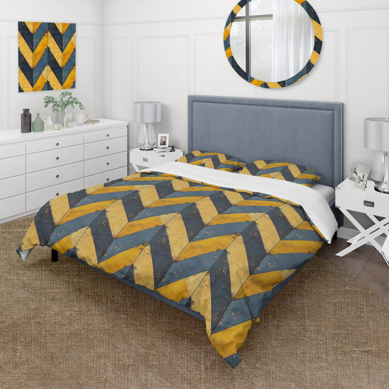 Ensemble de housse de couette Blue Gold Glamour Chevron III - Midcentury, Housse de couette très grand + 2 taies décorativ