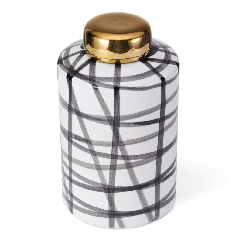 Modern Black and White Ceramic Cylinder Jar with Gold Lid