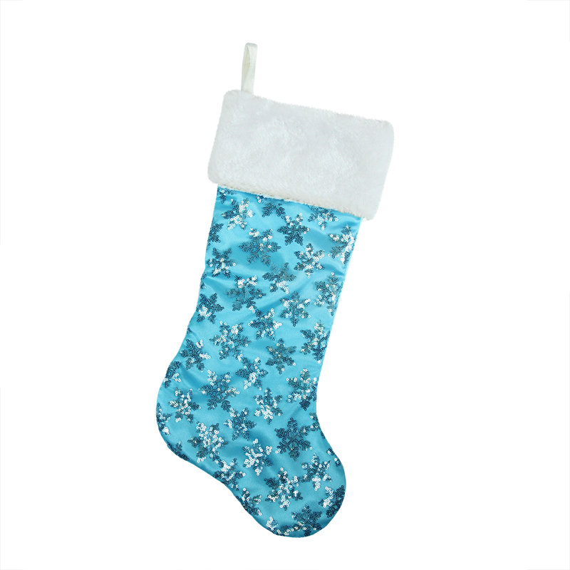 19" Sequin Snowflake Christmas Stocking with White Faux Fur Cuff, Blue