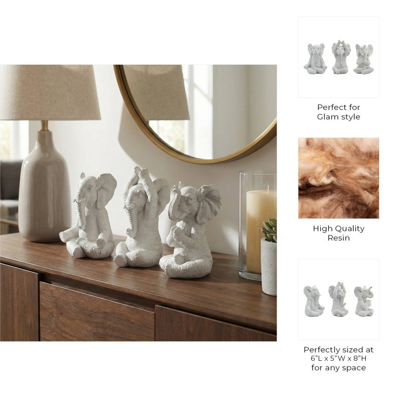Polyresin Elephant Figurines Sculpture for Home Decor - Decorative Statue Accent for Office, or for Living Room Decoration - Set of 3, 9", 8", 8"