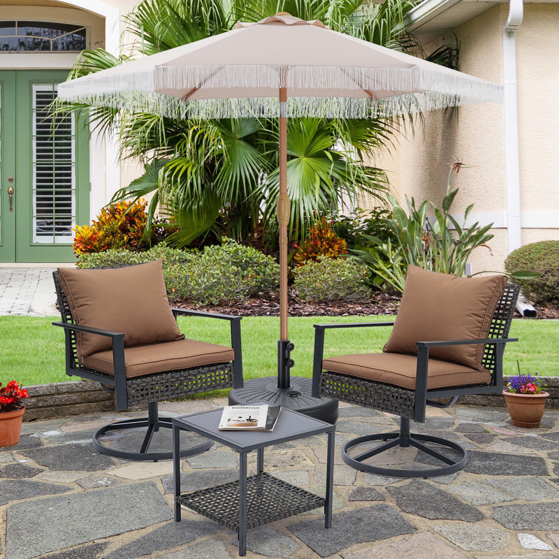 Ensemble de 4 chaises pivotantes d'extérieur 360 avec parasol 4 pièces, Brun, Beige