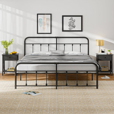 Ensemble de chambre à coucher 3 pièces, cadre de lit en métal avec tête de lit et table de chevet, ensemble de 3 meubles de chambre à coucher de style maison de campagne classique, aucun sommier requis, assemblage facile