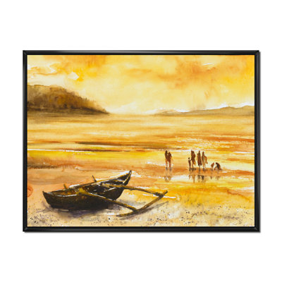 Groupe de personnes sur une plage au coucher du soleil - peinture sur toile