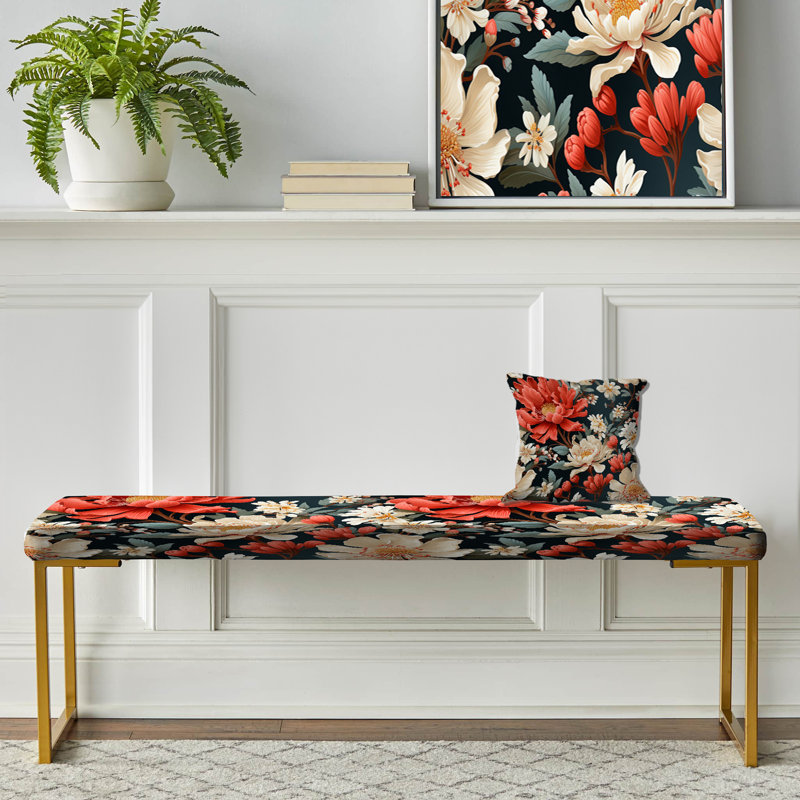 Coral Earthy Tones Dahlia Flowers - Floral Upholstered Gold Bench