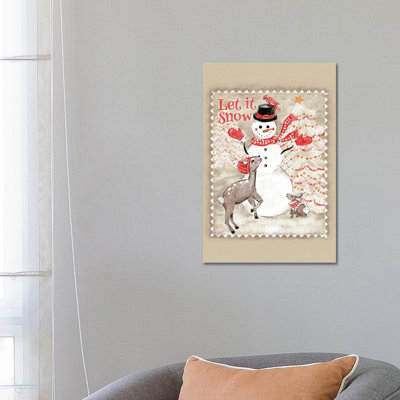 Let It Snow Snowman Postage Stamp by Jacqueline Maldonado - Wrapped Canvas Print