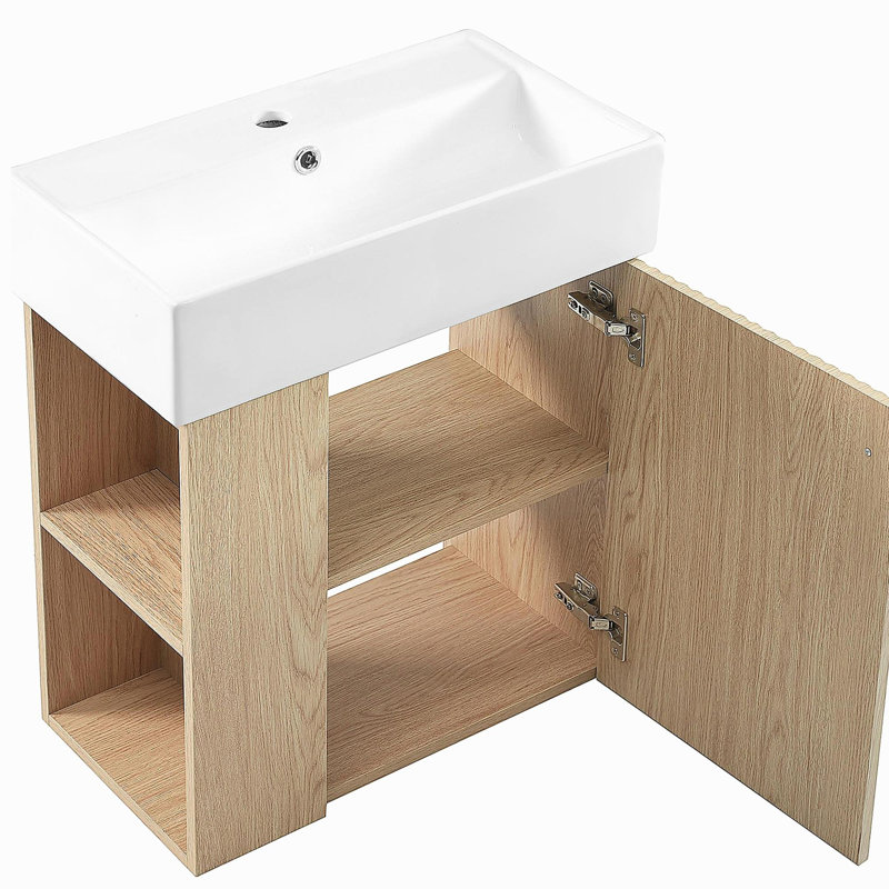 [Vidéo] Meuble-lavabo flottant moderne de 21,6 po avec lavabo en céramique - parfait pour les petites salles de bain, rangement à gauche