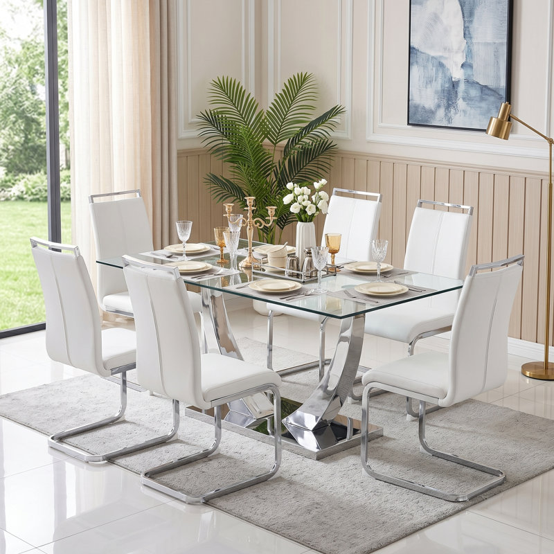 Chaises de salle à manger en faux cuir Amari Modern, Blanc, Argent