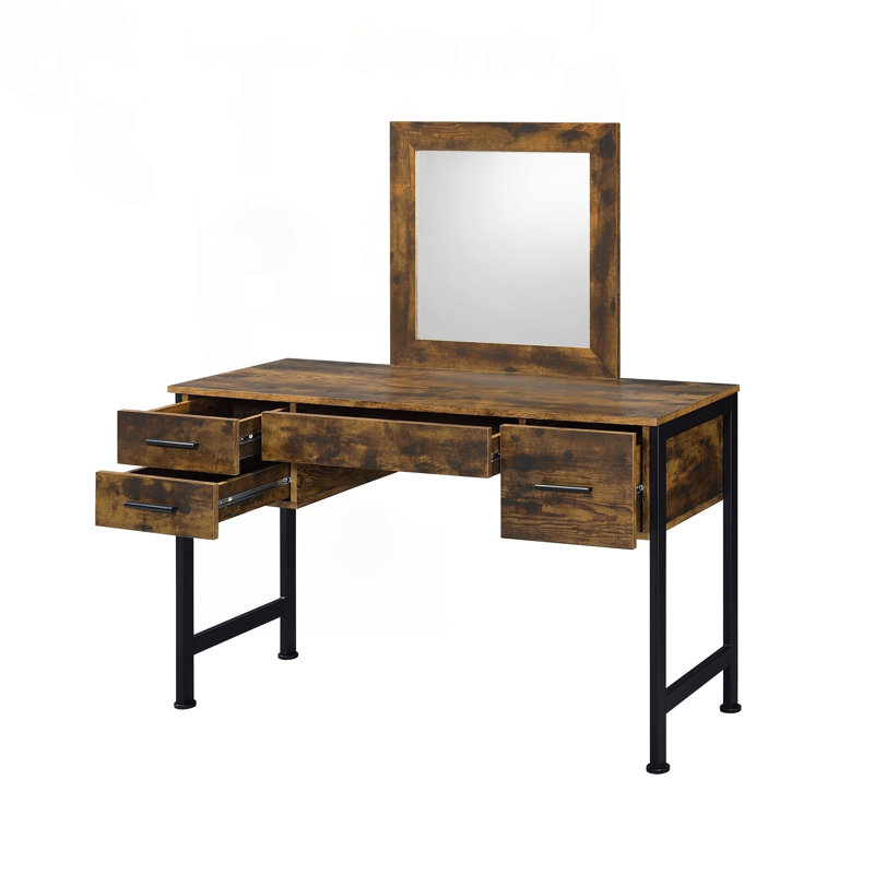 Bureau de coiffeuse rustique avec grand miroir et tiroirs de rangement