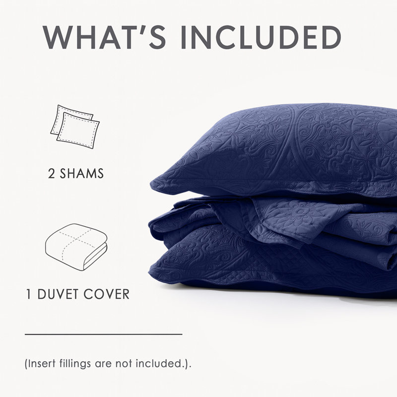 Floral Embossed Quilted Bedspread Set, Oversized and Lightweight Bedding Set with Pillow Shams, Navy