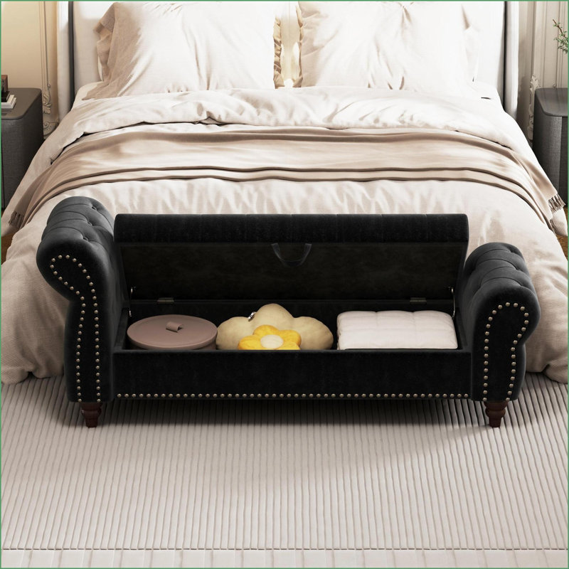 Banc de lit capitonné 64,5 po avec rangement | Chaise longue en velours à haut dossier | Pieds en bois massif | Noir | Velours
