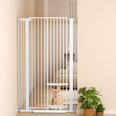     55" Extra Tall Cat Gate, Adjustable Width 29.5"-35" , Pet Gate with Adjustable Cat Door, Pressure Mounted, Easy to Assemable, Dog Gate for Doorway, Stairs, Hallway (White)