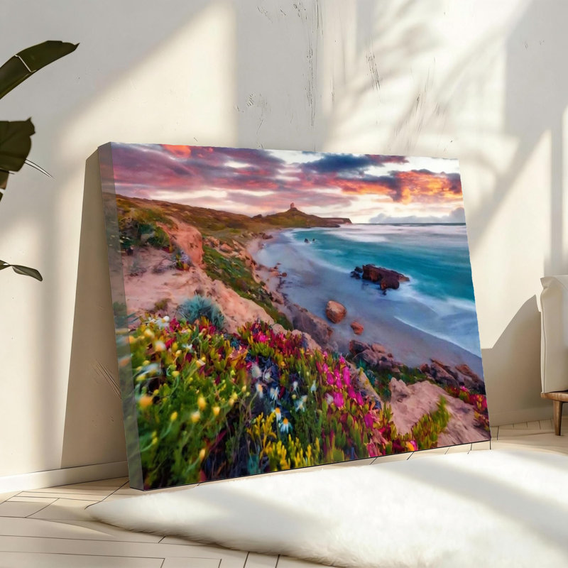 16" X 24" Pink Sardinia Beach Flowers Canvas Solid Wood Frame Support Wall Decor Wall Art