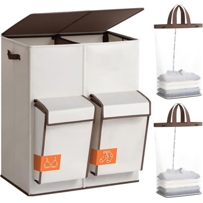 Panier à linge double de 180 L avec couvercle et 2 poches latérales, panier à linge à 2 compartiments, sacs à linge amovibles et lavables