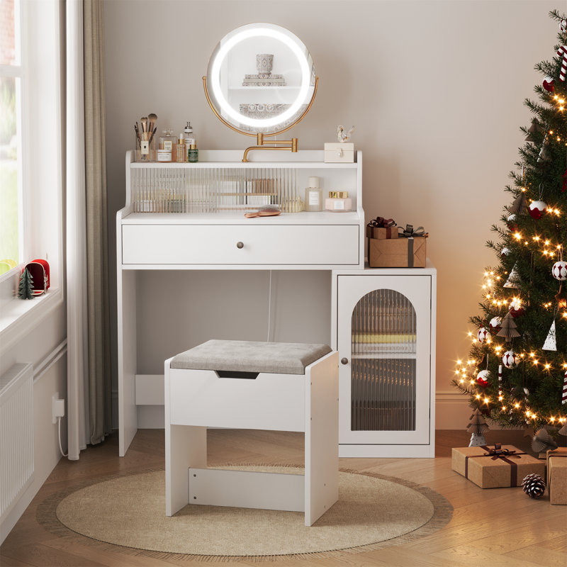 Bureau de coiffeuse avec miroir pivotant à 360 ° et lumières réglables